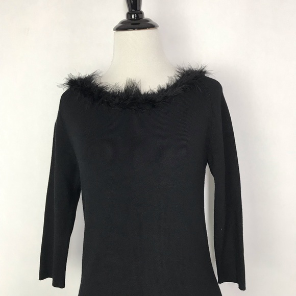 Hillard & Hanson Black Size Small Petite Women’s Feather Trim Sweater Top - Picture 2 of 4